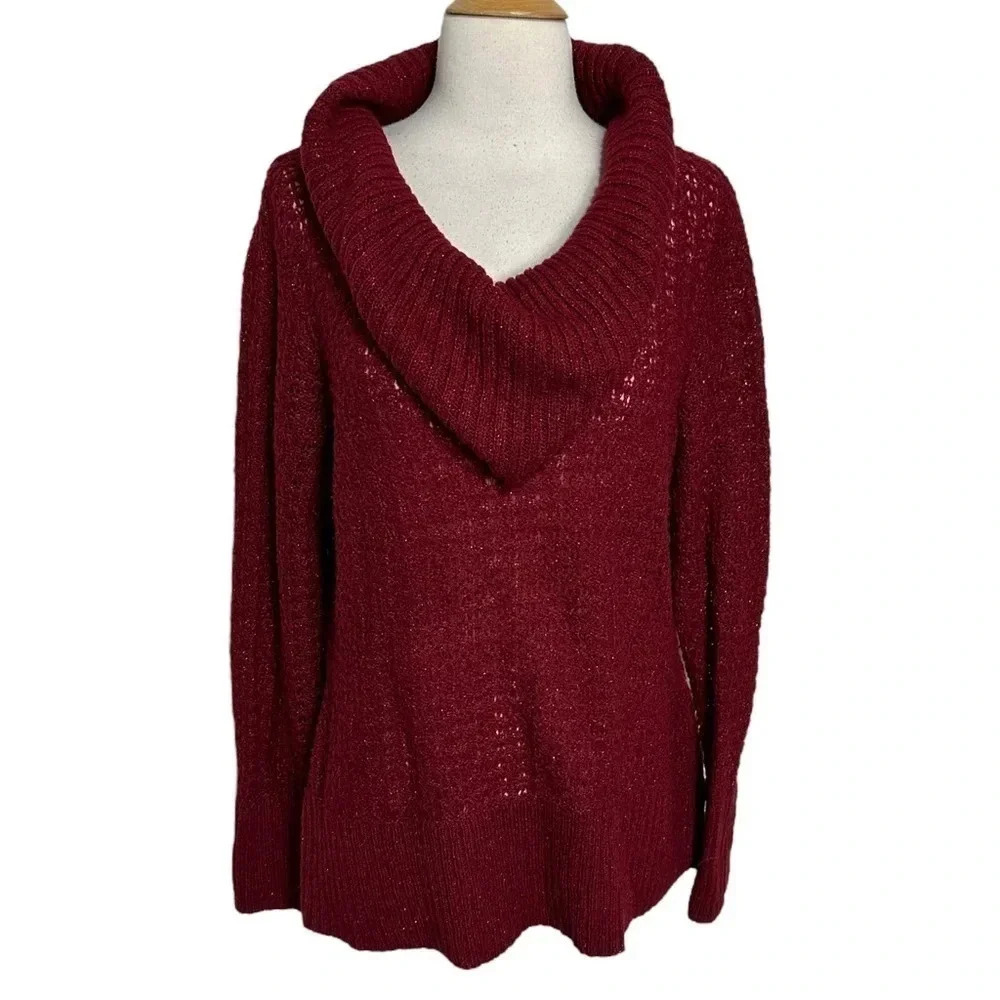 Apt. 9 XL burgundy glittery open knit‎ cowl neck sweater